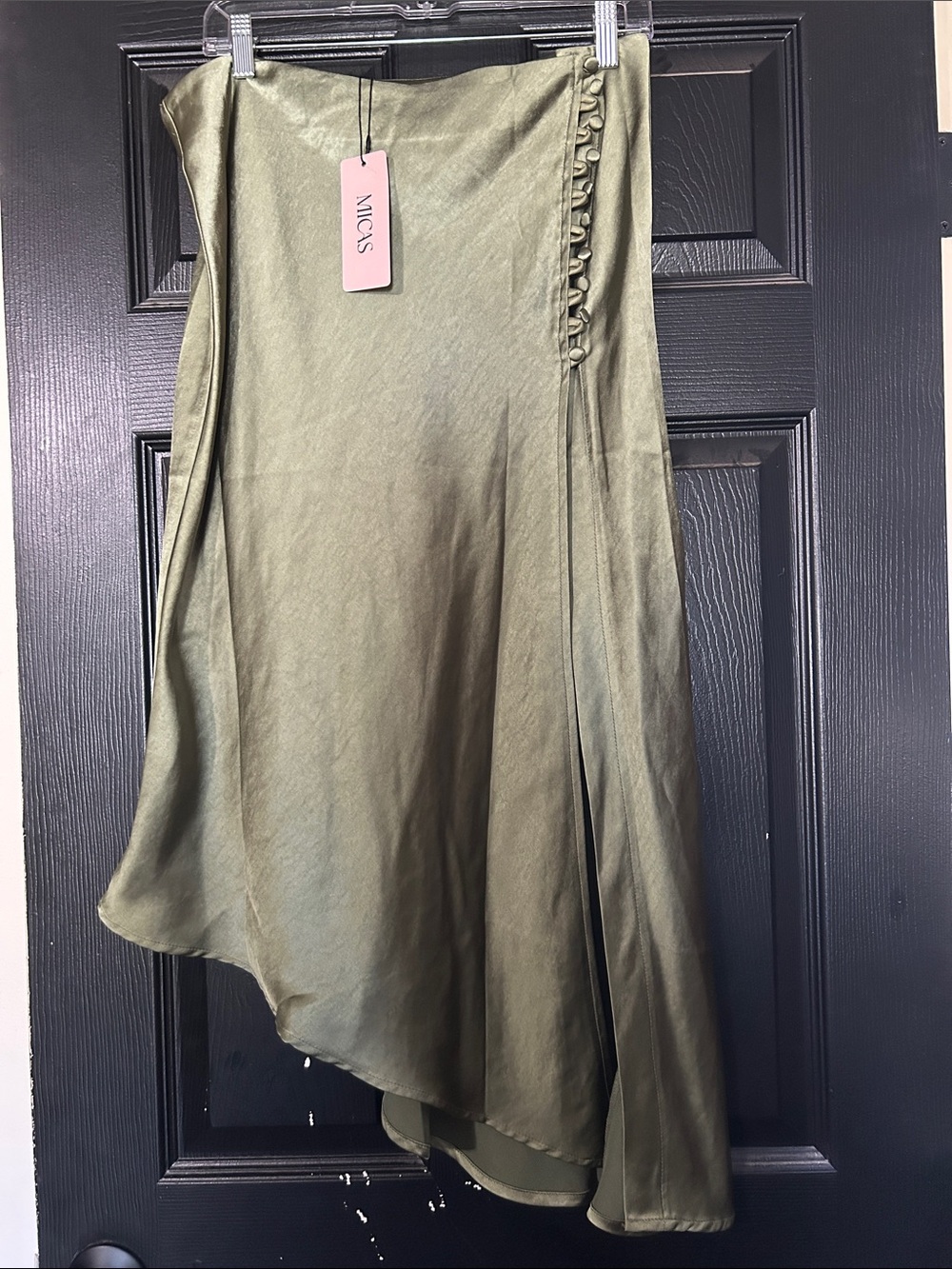 Mica's Olive Satin Asymmetrical Midi Skirt